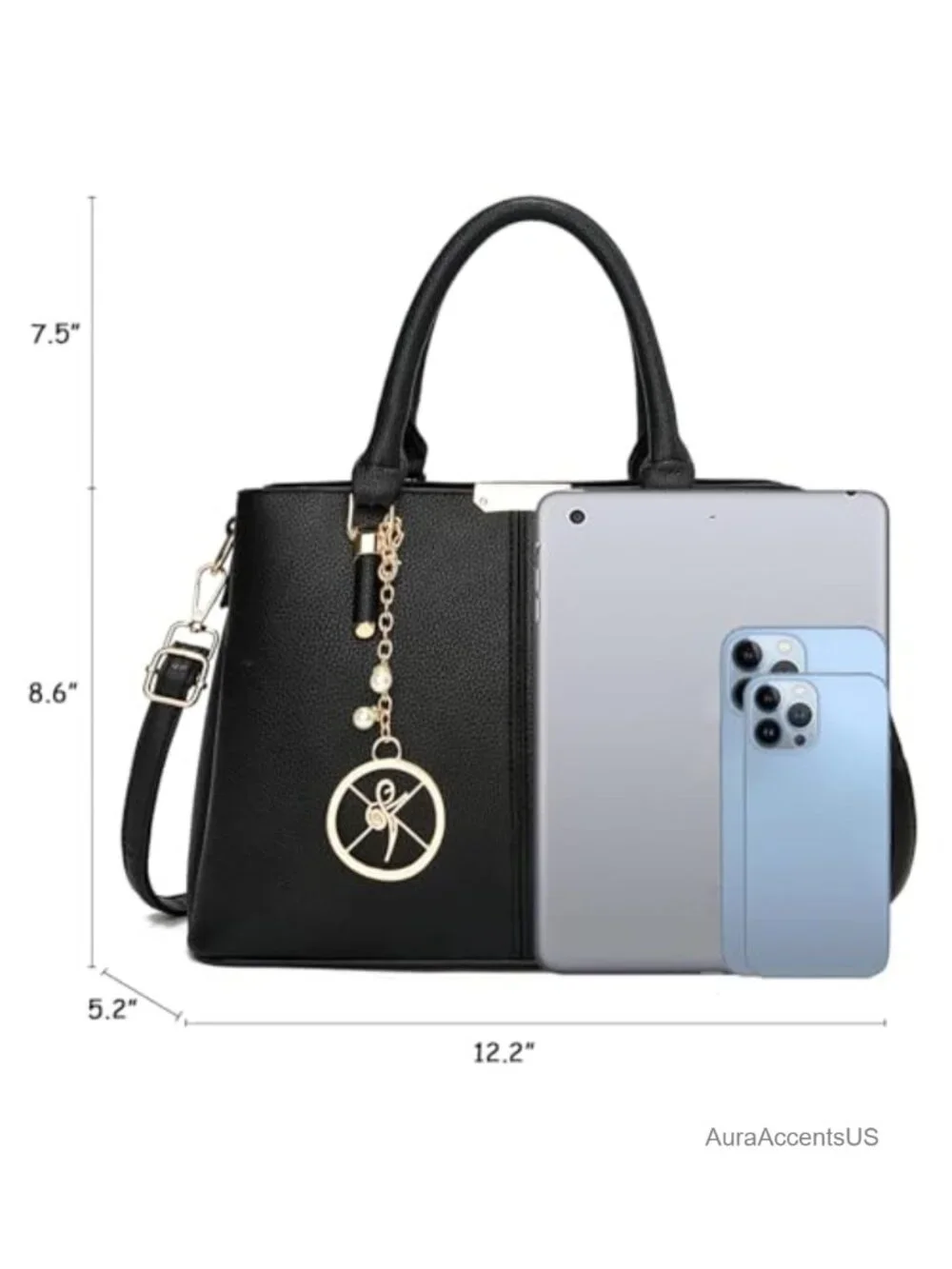 Faux Leather Satchel Purse with 3 Zip Compartments, Top Handle, Adjustable Strap